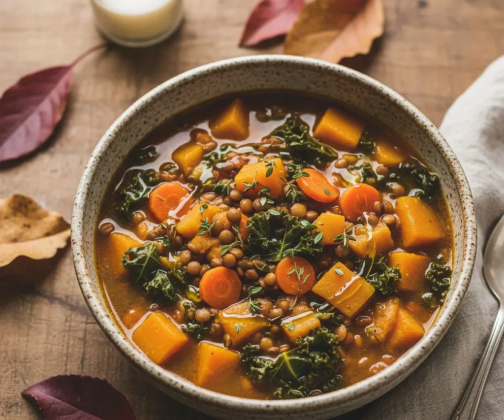 Cozy vegan fall soup made with squash, lentils, and kale in a rustic autumn setting