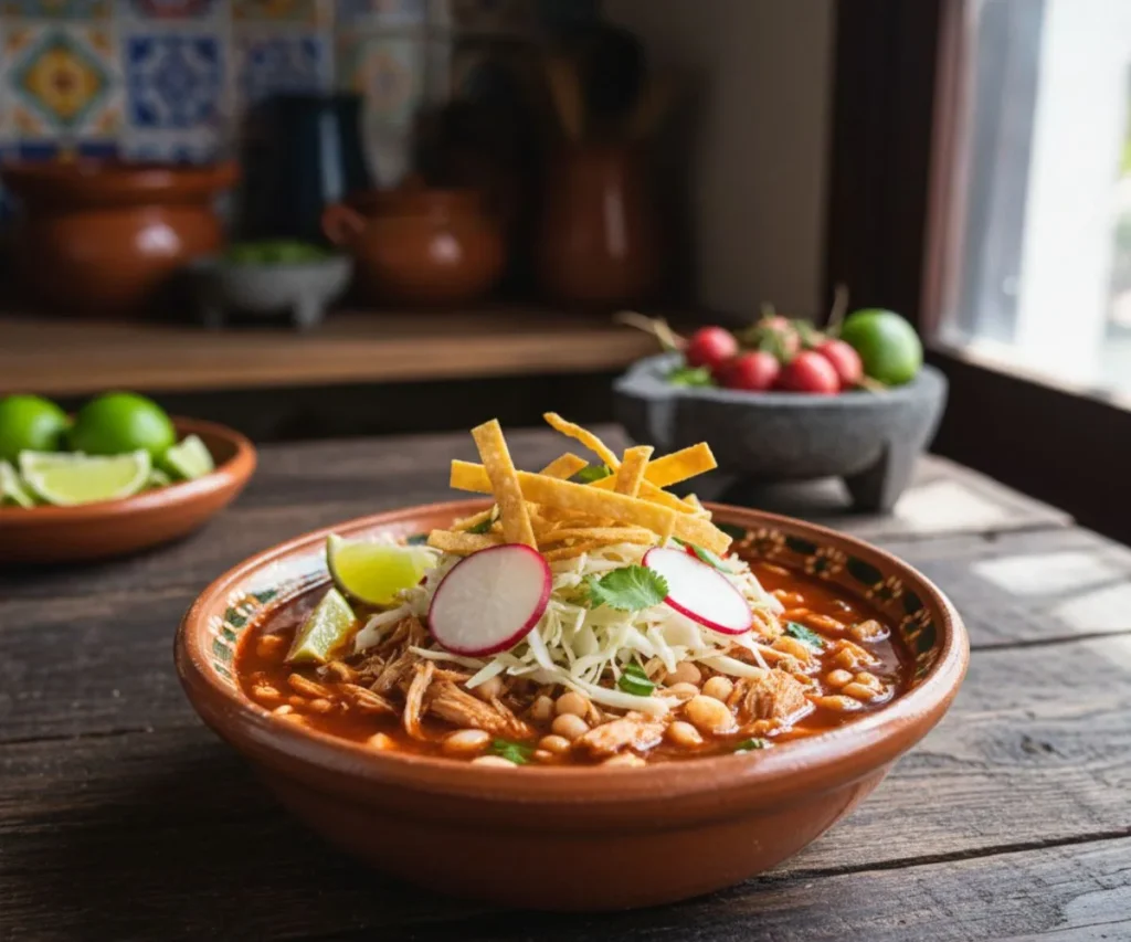 Traditional Mexican soup with hominy, chicken, lime, and tortilla strips in rustic bowl