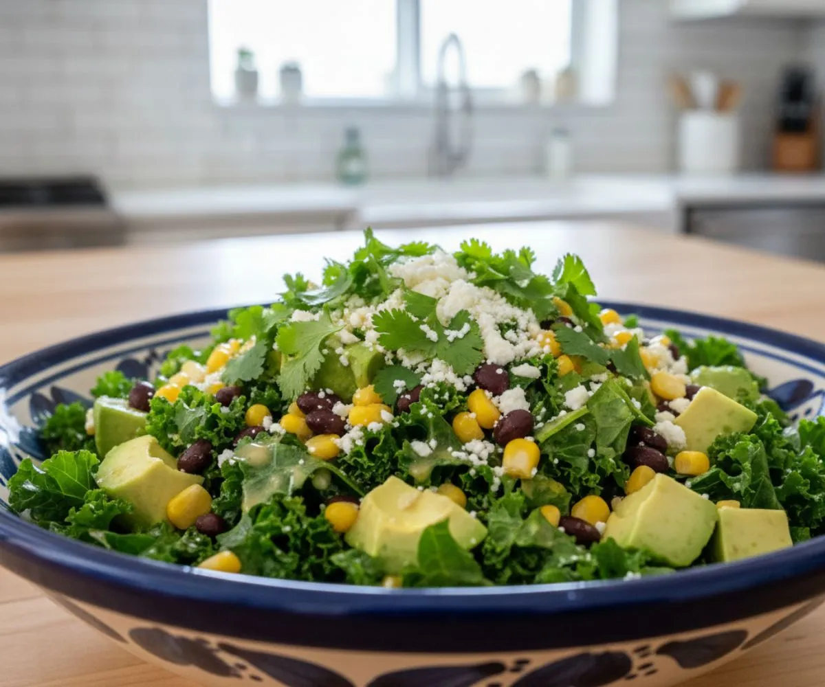 Mexican kale salad with black beans, corn, avocado, and lime dressing in a ceramic bowl