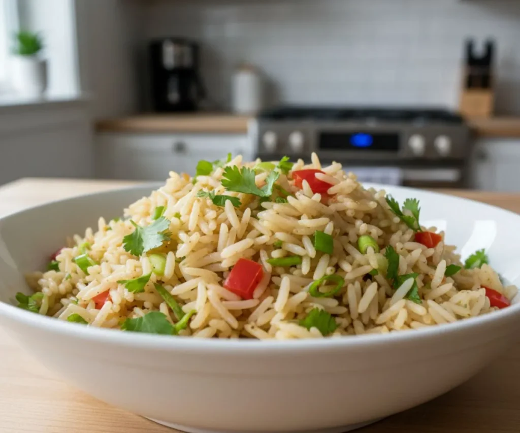 Fluffy vegan rice pilaf made with basmati rice and vegetables in a white bowl