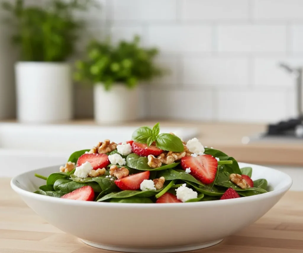 Colorful fruit in salad with strawberries, spinach, walnuts, and feta cheese