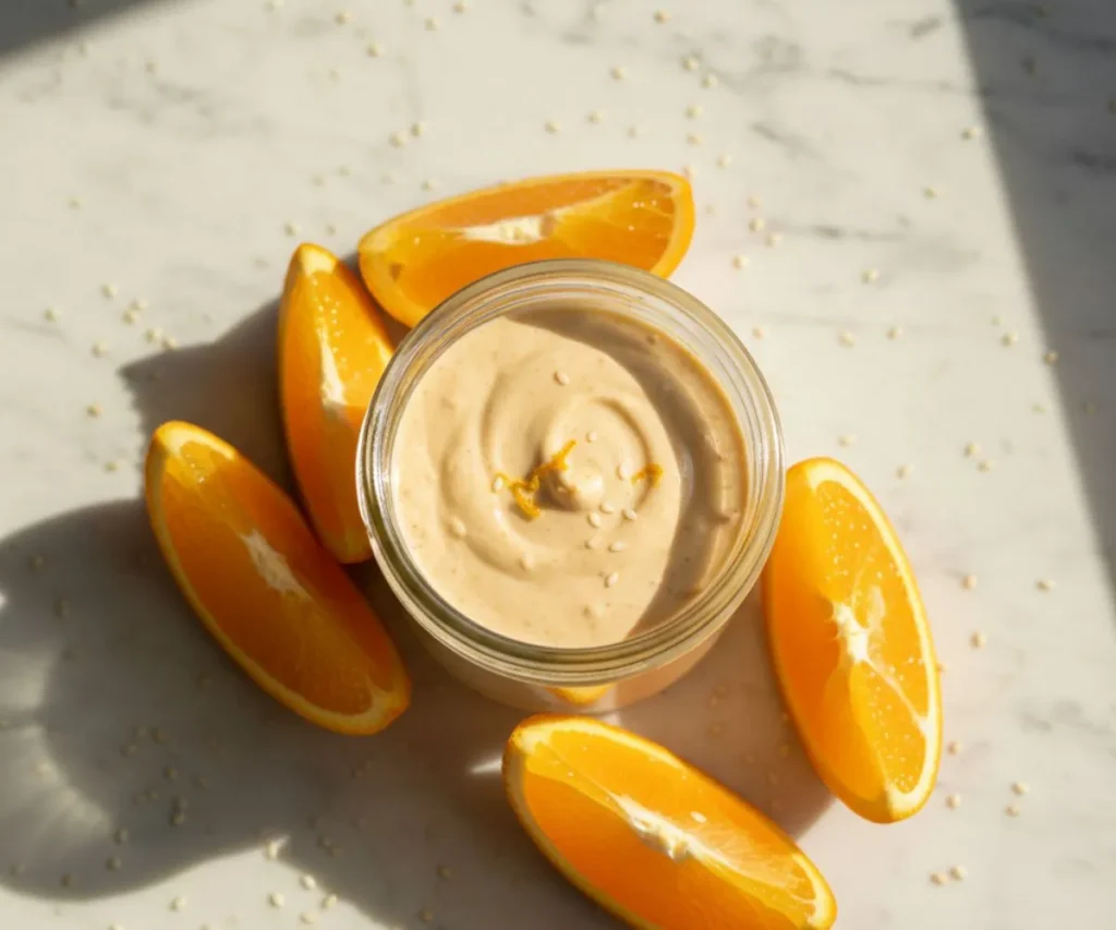 Creamy tahini orange dressing in a glass jar with fresh oranges and sesame seeds