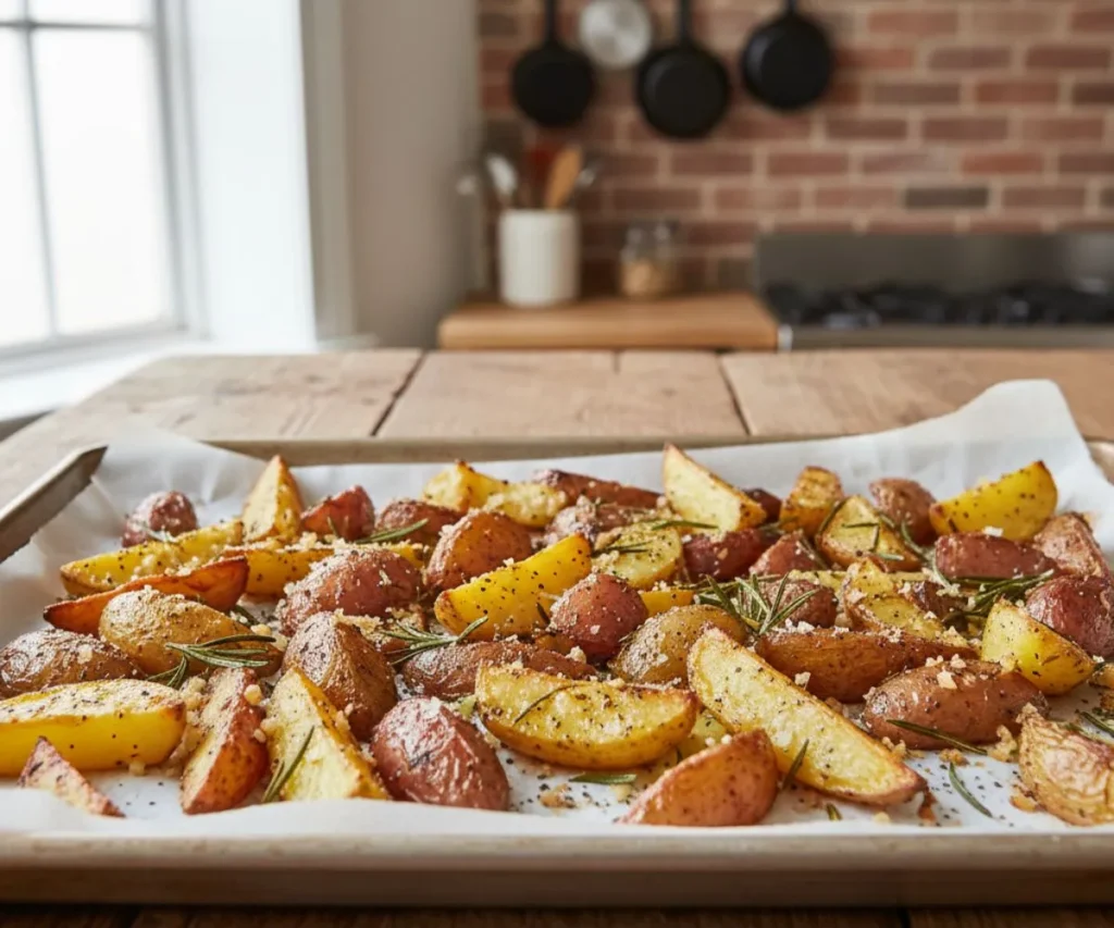 Garlic Roasted Potatoes Recipe! Crispy & Easy Crispy garlic roasted potatoes with golden brown edges and fresh herbs