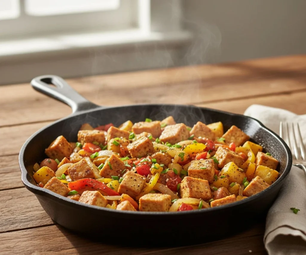 Tofu Hash Recipe! A Simple, High-Protein Plant-Based Breakfast Crispy tofu hash with potatoes and bell peppers in a cast iron skillet