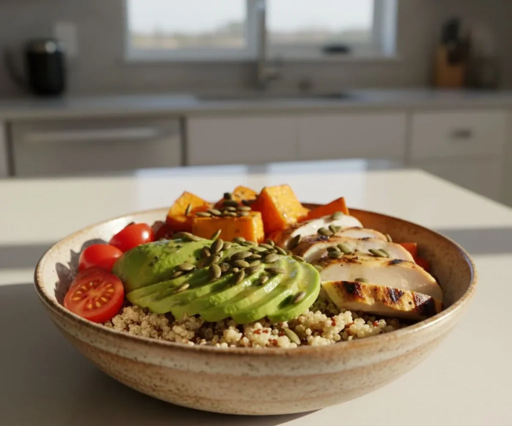 Power Bowl Recipe! Healthy, Easy, and Perfect for Busy Weeks Healthy power bowl recipe with quinoa, grilled chicken, sweet potatoes and avocado