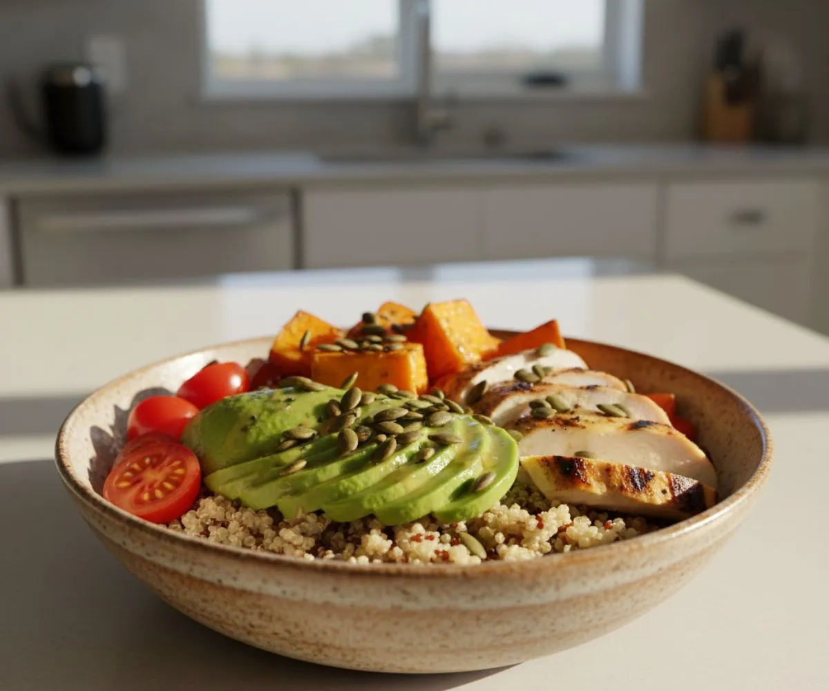 Healthy power bowl recipe with quinoa, grilled chicken, sweet potatoes and avocado