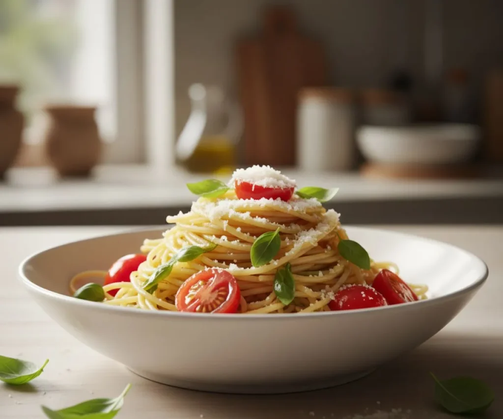 Capellini pasta with fresh tomato, basil, and olive oil in a white bowl