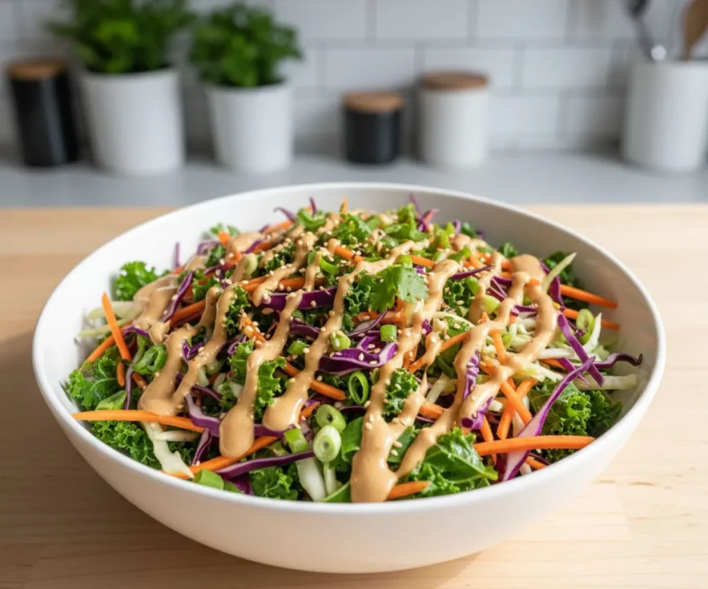 Power slaw made with cabbage, kale, carrots and peanut dressing in a bowl