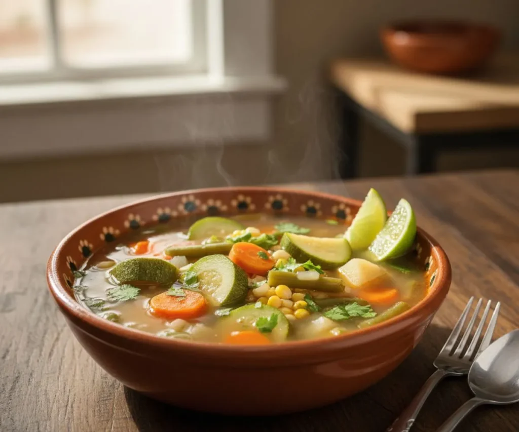 Authentic Mexican vegetable soup with zucchini, carrots, corn and fresh cilantro