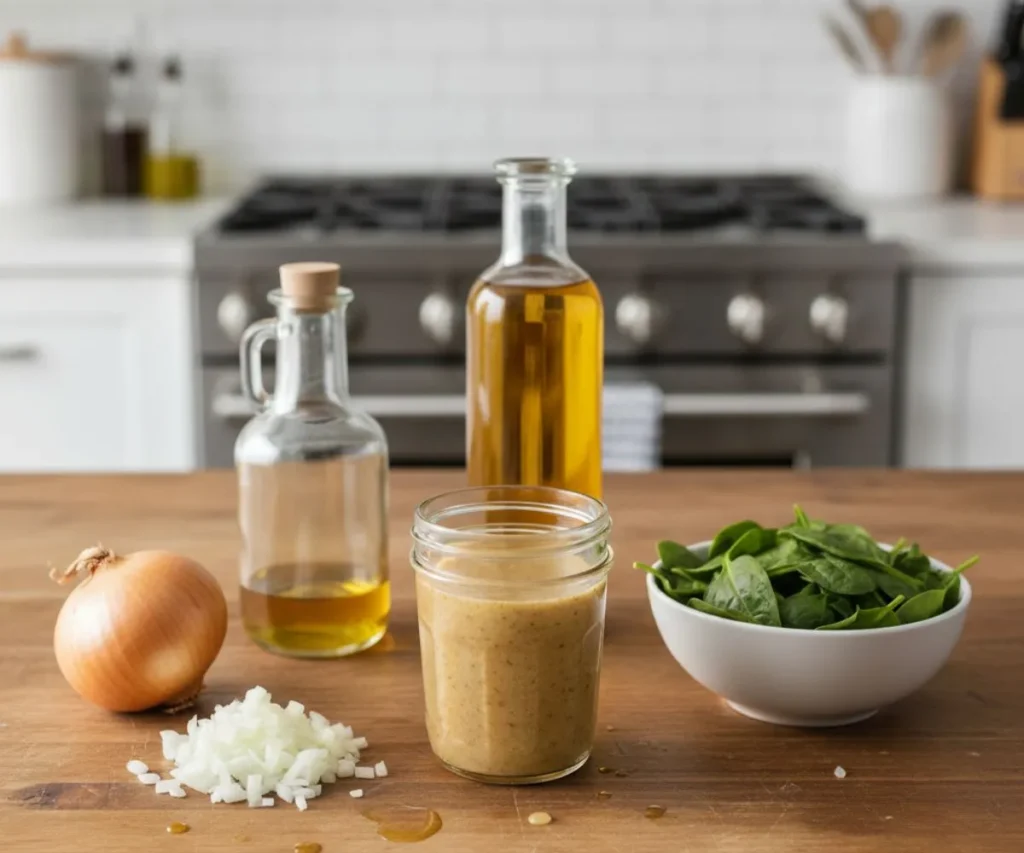Homemade sweet onion vinaigrette in glass jar with fresh ingredients on wooden table
