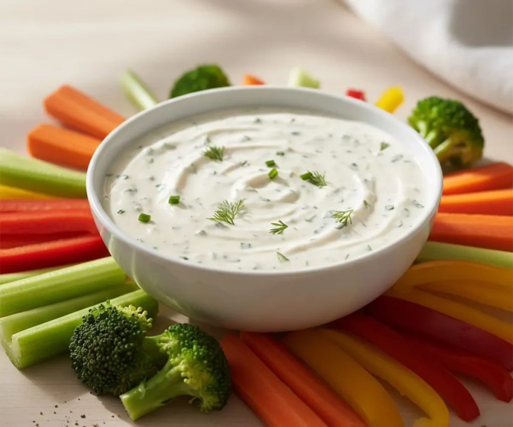 Creamy vegan ranch dip served with fresh vegetables on a wooden table
