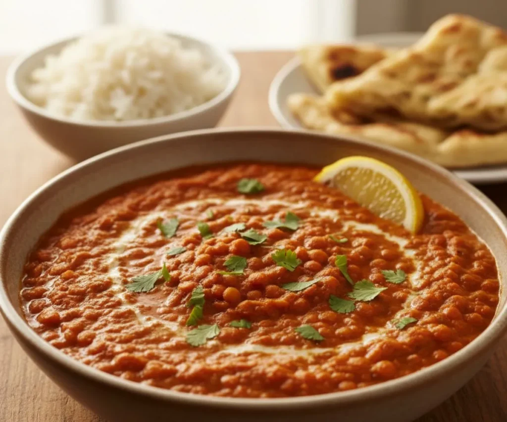 Creamy spicy lentil curry in a bowl garnished with cilantro