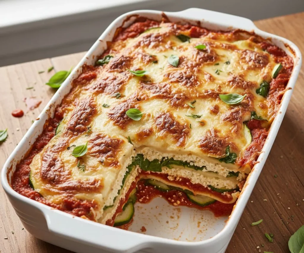 Creamy vegan lasagna with tofu ricotta layered with spinach and marinara sauce