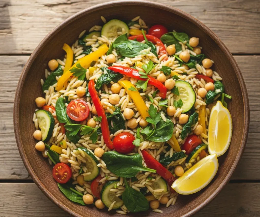 Vegetarian Orzo Recipes! Easy, Healthy & Quick Meals Vegetarian orzo recipes bowl with fresh vegetables and chickpeas