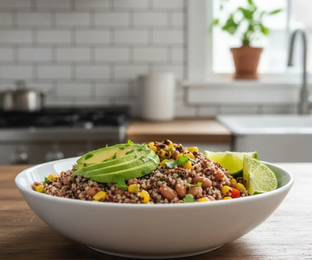 Quinoa and pinto beans bowl with avocado and vegetables