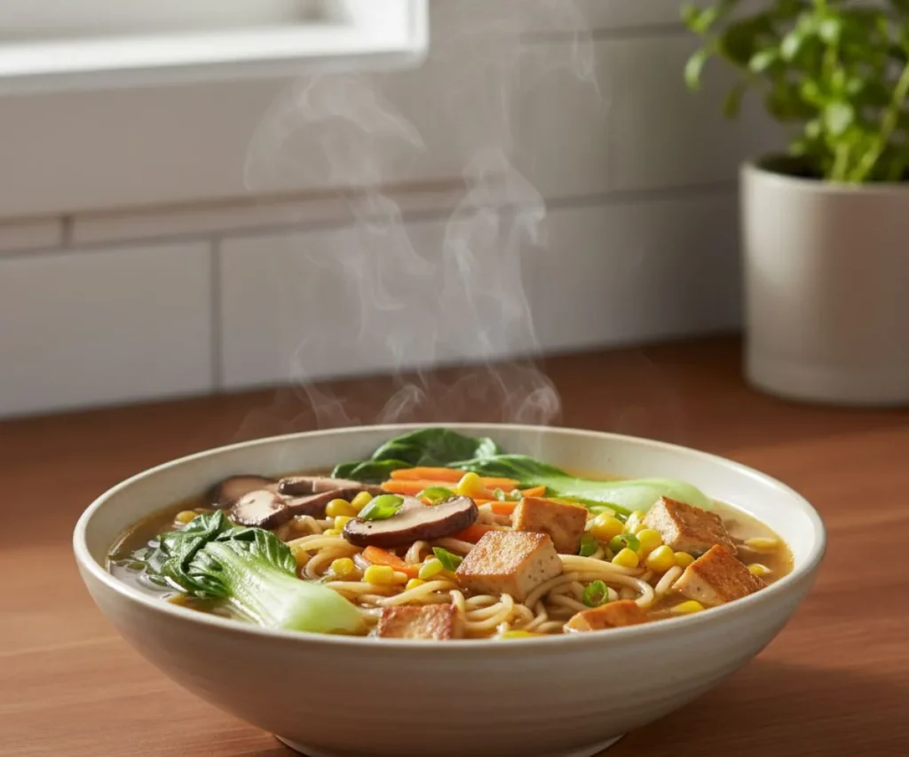 Healthy vegetable ramen noodles with mushrooms, bok choy, tofu, and fresh vegetables in a ceramic bowl