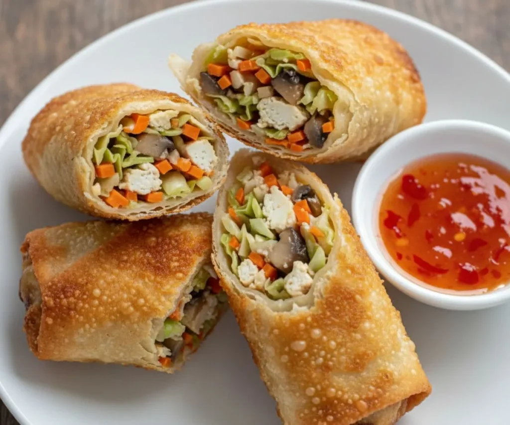 Crispy vegan egg rolls recipe sliced in half with vegetable filling and dipping sauce