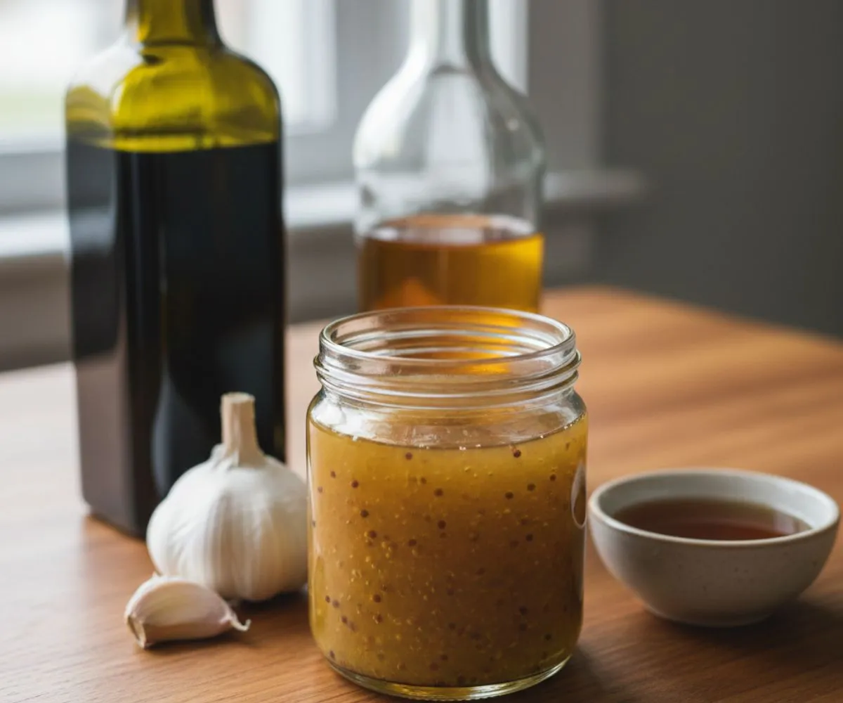 Maple cider vinaigrette in a glass jar with olive oil and apple cider vinegar on wooden table