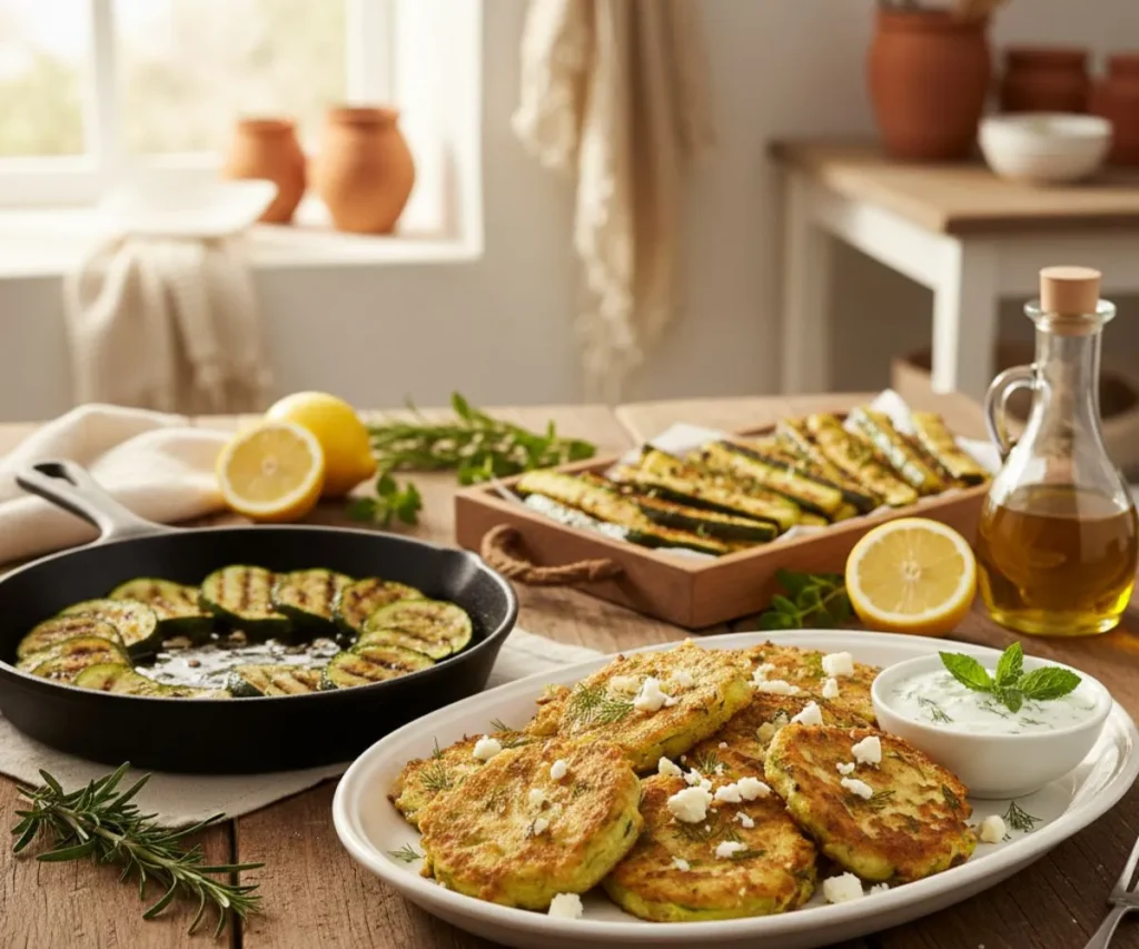 Zucchini Mediterranean recipes including seared zucchini, roasted zucchini, and fritters with herbs and olive oil