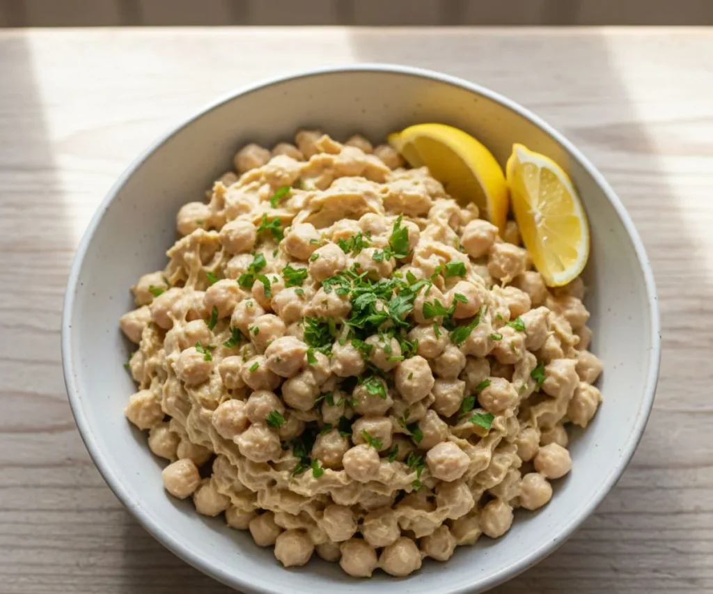 Vegan Tuna Salad Recipe! High-Protein, Mercury-Free & Meal Prep Friendly Vegan tuna salad made with mashed chickpeas in a white bowl