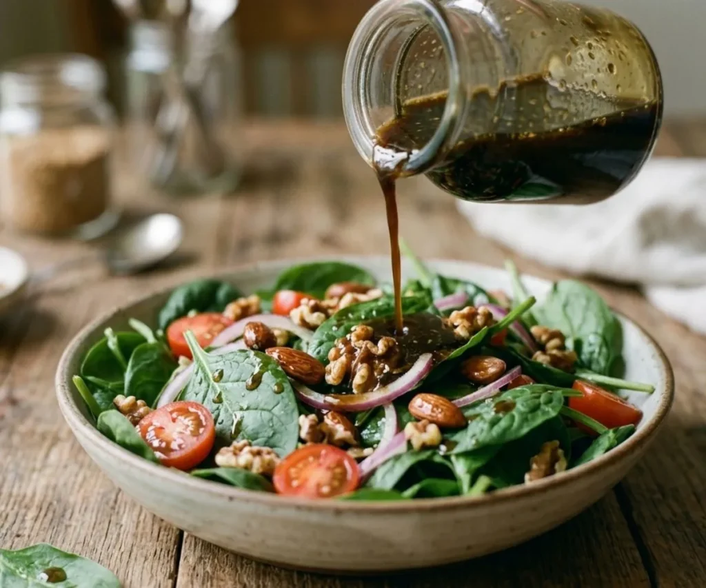 vegan balsamic vinaigrette being poured over fresh green salad