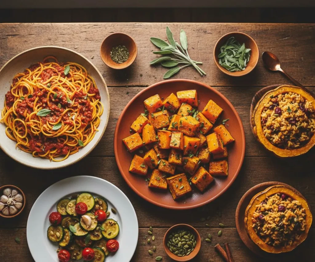 Vegan Squash Recipes! 15 Easy & Healthy Dinner Ideas A variety of vegan squash recipes including roasted butternut squash, stuffed acorn squash, and spaghetti squash pasta.