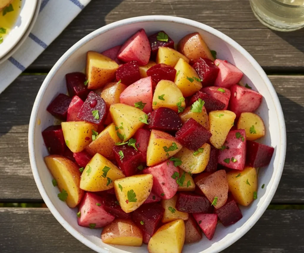 Potato salad with beets served in a white bowl with fresh parsley garnish