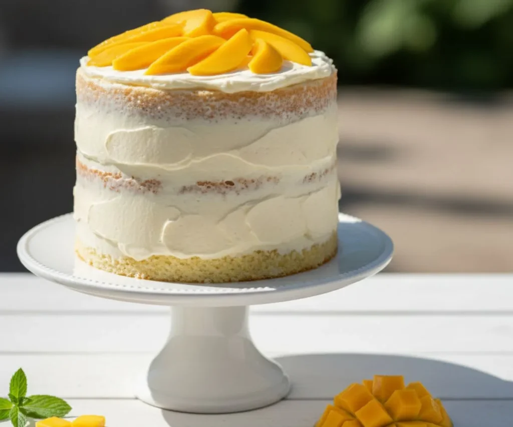 Moist Mexican mango cake topped with fresh mango slices and cream cheese frosting