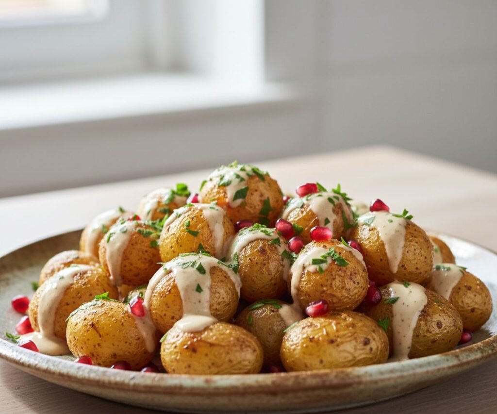Crispy potatoes with tahini sauce served on a platter with fresh herbs