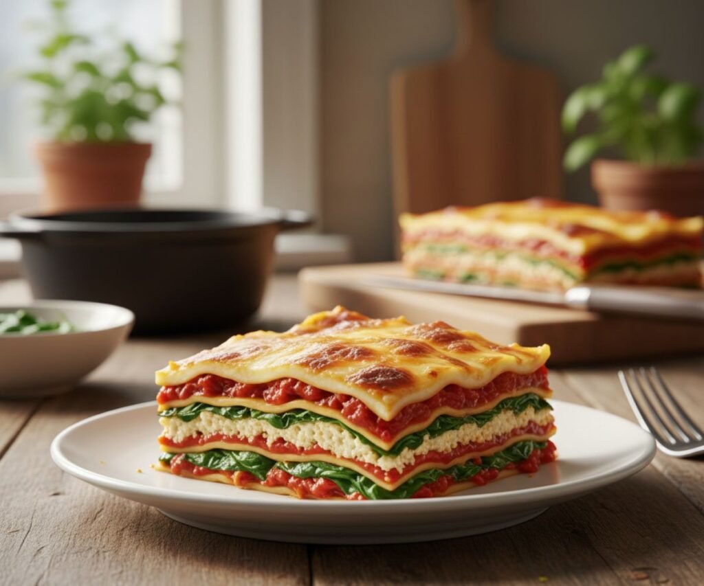 Vegan lasagna with tofu ricotta sliced on a plate showing creamy layers