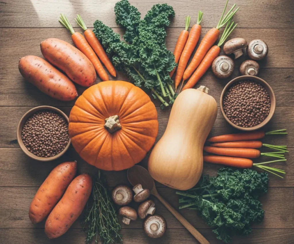 Seasonal fall vegetables for vegan fall soup including squash, pumpkin, lentils, and kale
