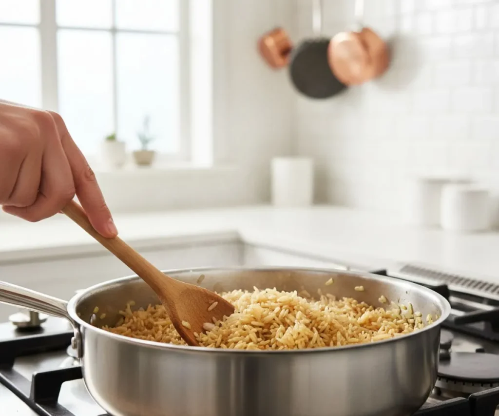 Toasting rice with onion and garlic for vegan rice pilaf