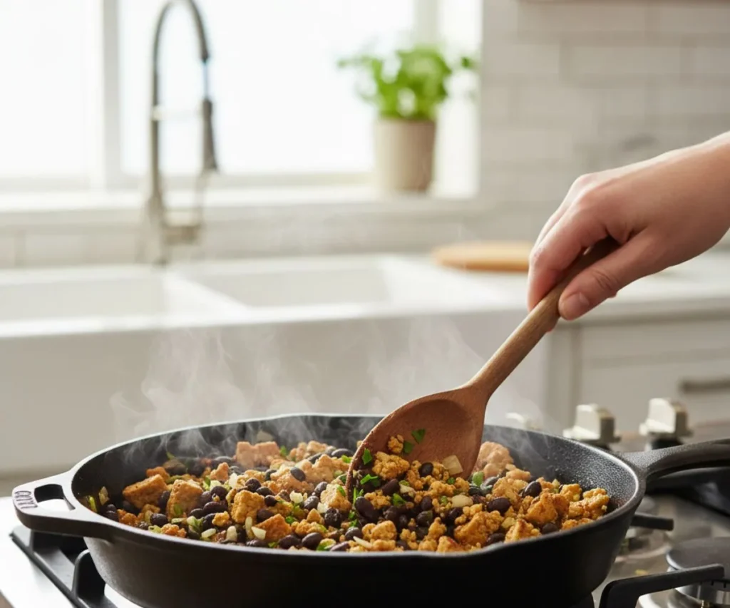 Black beans and tofu cooking for vegan green enchilada filling