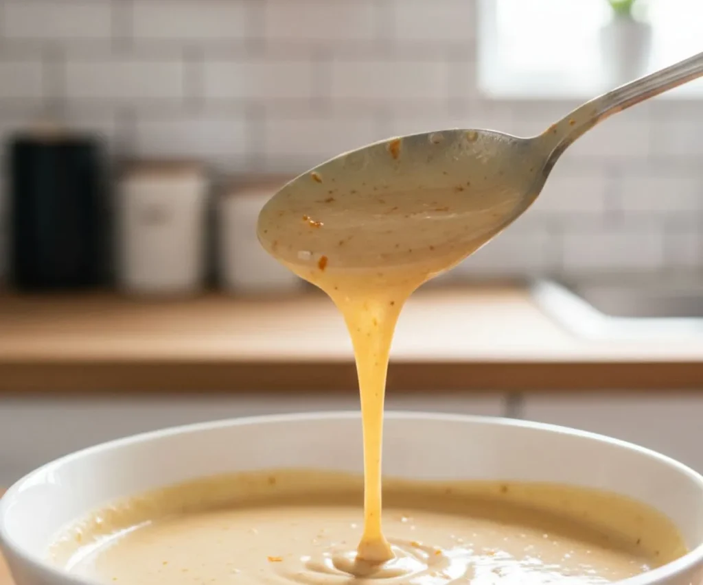 Close up texture of smooth tahini orange dressing showing creamy consistency