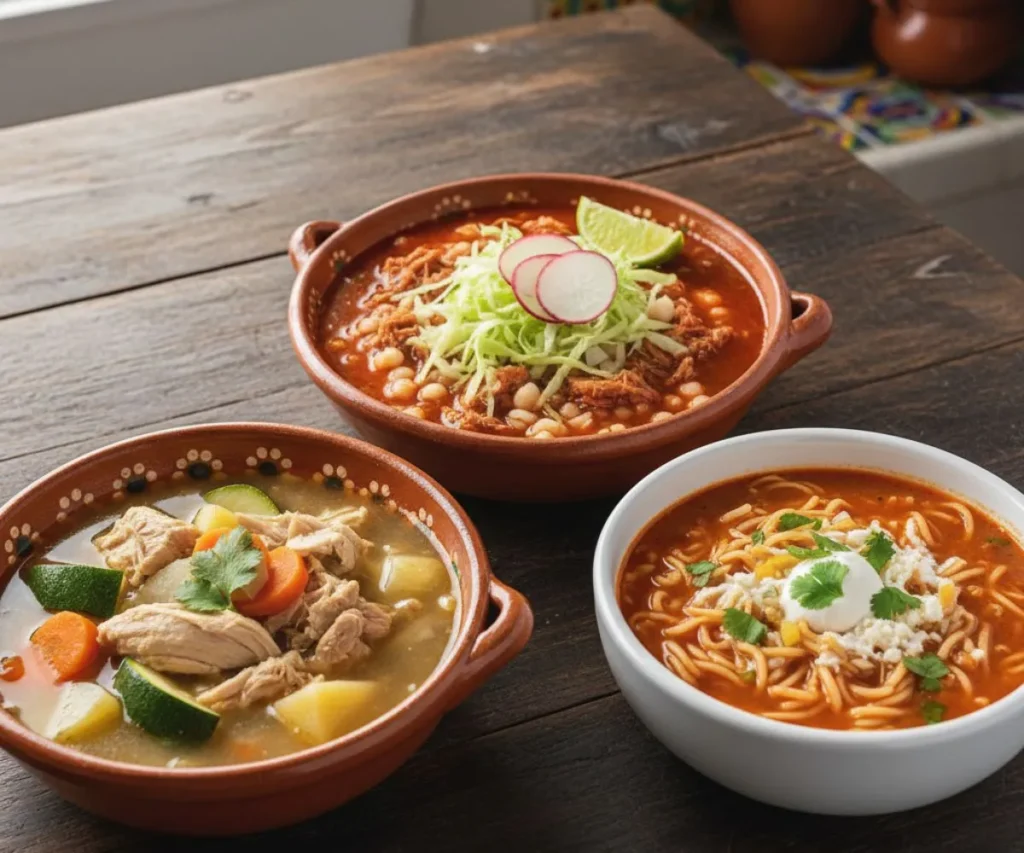 Different types of Mexican soup including caldo de pollo, pozole rojo, and sopa de fideo