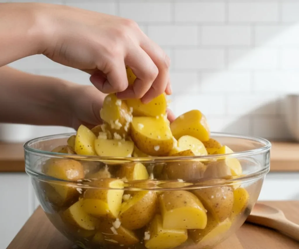 Chopped potatoes being tossed with olive oil and garlic before roasting