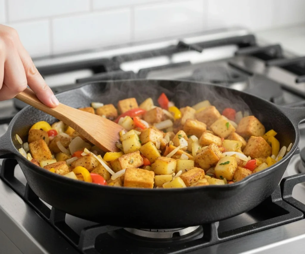 Cooking tofu hash in skillet with crispy potatoes and tofu cubes