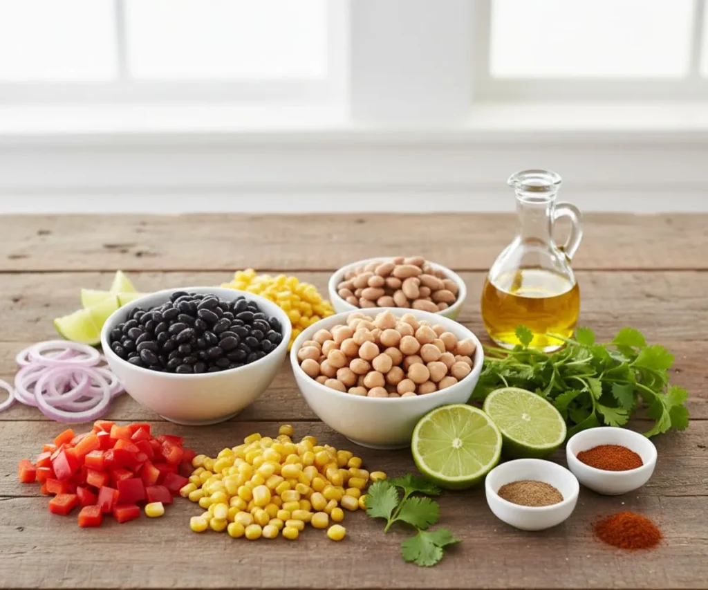 Ingredients for southwest bean salad including beans, corn, bell pepper, lime, and spices