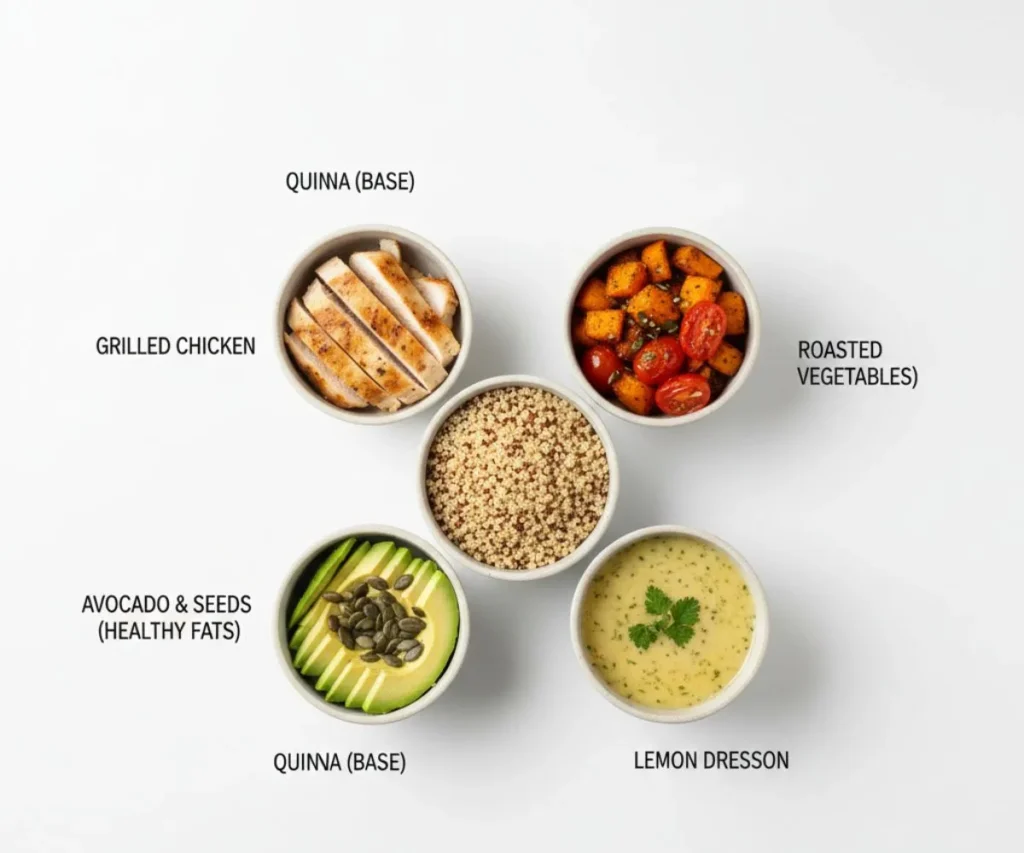 Power bowl components including grains, protein, vegetables, healthy fats and sauce