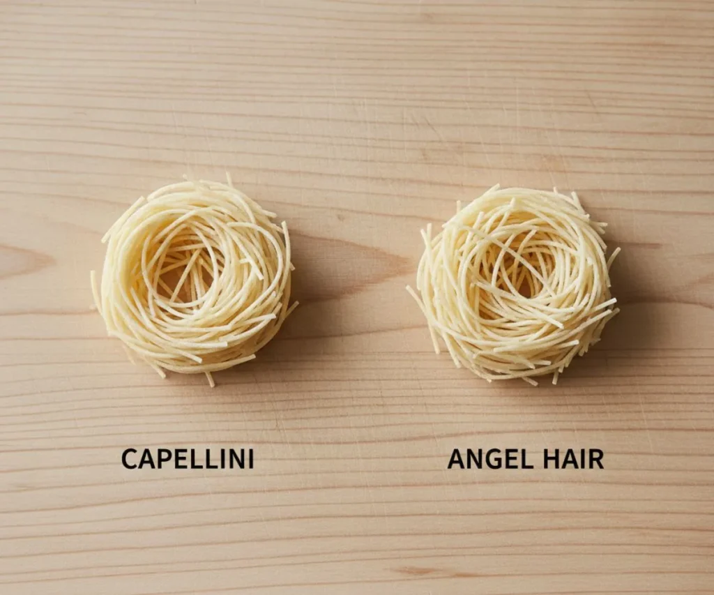 Capellini pasta compared with angel hair pasta strands side by side
