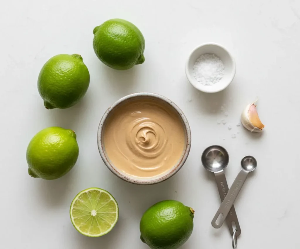 Ingredients for tahini lime sauce including tahini, lime, garlic, and salt