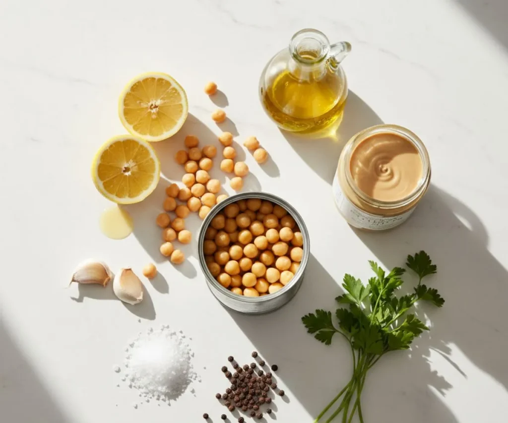 Ingredients for tahini chickpea salad on kitchen counter