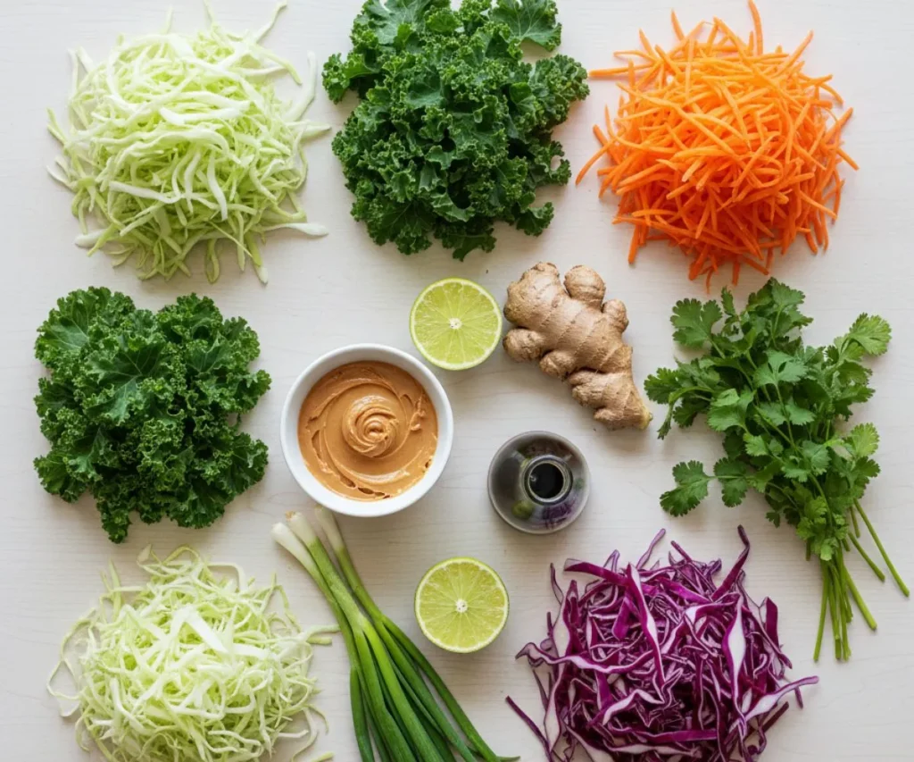 Ingredients for power slaw including cabbage, kale, carrots and peanut sauce