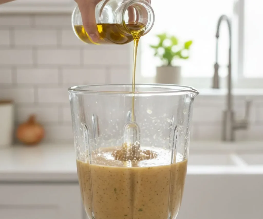 Blending sweet onion vinaigrette in blender while adding olive oil