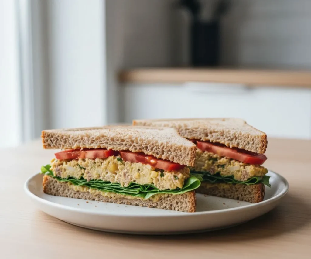 Vegan tuna salad sandwich on whole grain bread