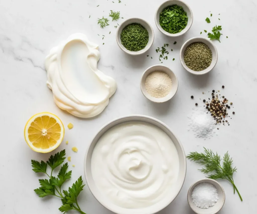 Ingredients for vegan ranch dip including vegan mayo, yogurt, dill, parsley, and lemon