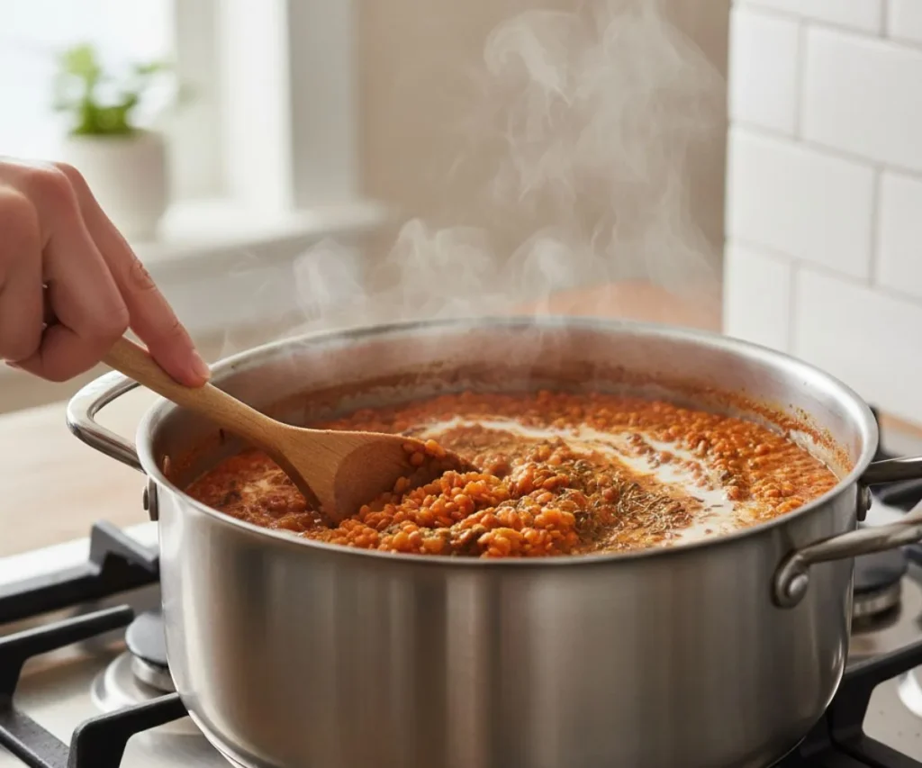 Spicy lentil curry simmering in pot with coconut milk and spices