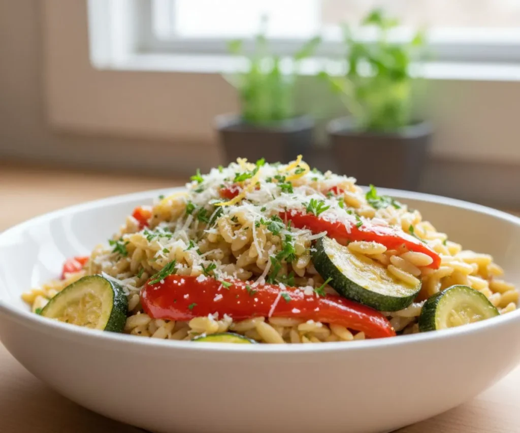 Lemon garlic vegetarian orzo with roasted vegetables