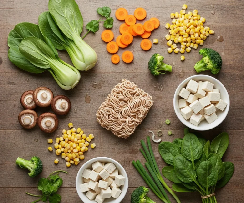 Fresh vegetables and whole wheat noodles for making vegetable ramen noodles