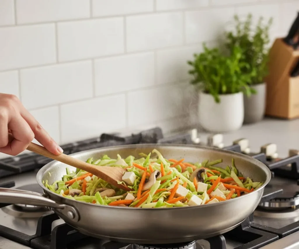 Cooking vegetable filling for vegan egg rolls in a skillet